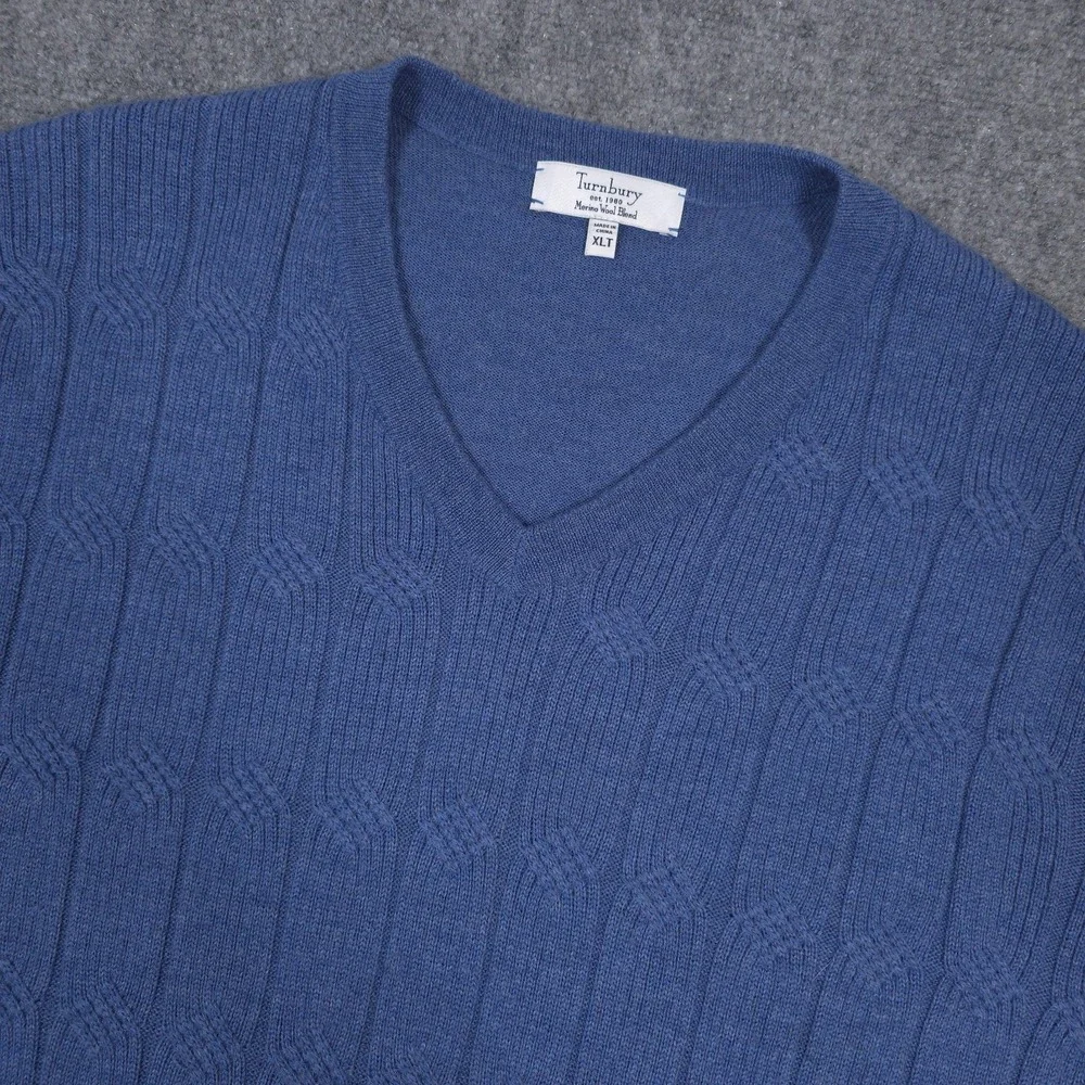 Turnbury Cable Knit Sweater Mens XLT Merino Wool Blend V Neck Pullover READ
